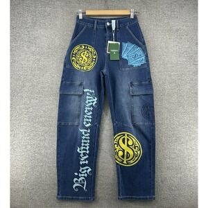 Halara Flex Mid Rise Jeans Women Size XS Regular Blue Denim Graphic Print NEW